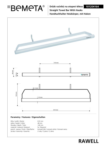 RAWELL: Radiator towel holder, 310 mm, white RAWELL: Radiator towel holder, 310 mm, white