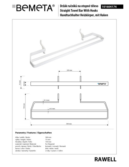 RAWELL: Radiator double towel holder, 320 mm, white