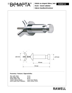 RAWELL: Radiator single robe hook, polished 2