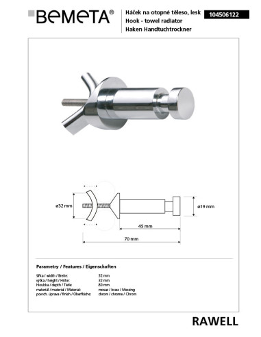 RAWELL: Radiator single robe hook, polished