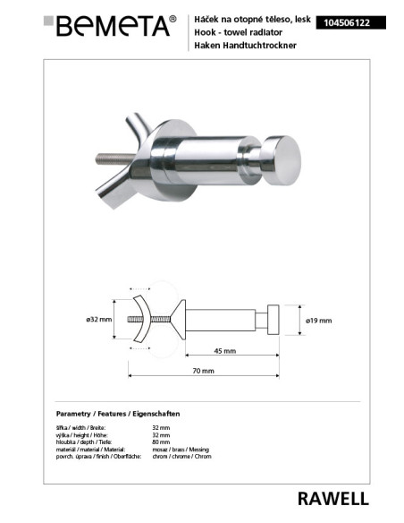 RAWELL: Radiator single robe hook, polished