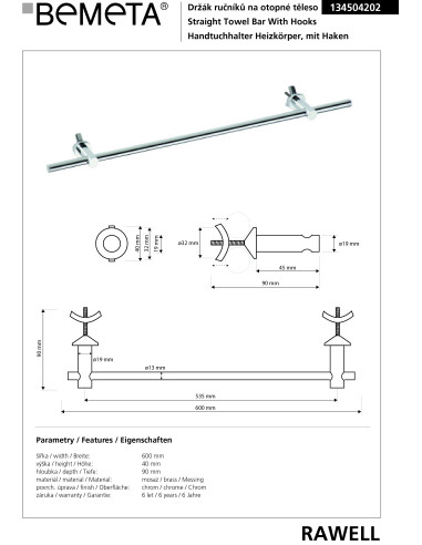 RAWELL: Radiator towel holder, 535 mm, polished