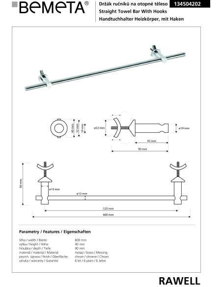 RAWELL: Radiator towel holder, 535 mm, polished