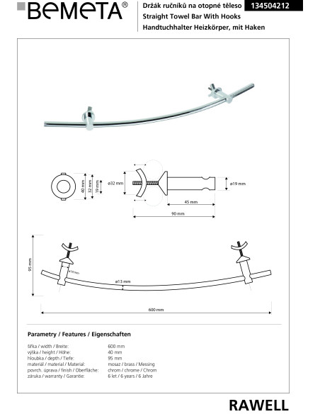 RAWELL: Radiator towel holder, 600 mm, polished RAWELL: Radiator towel holder, 600 mm, polished