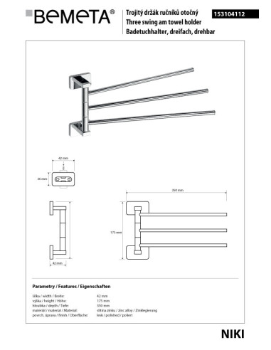 NIKI: Triple swing arm towel holder, 350 mm