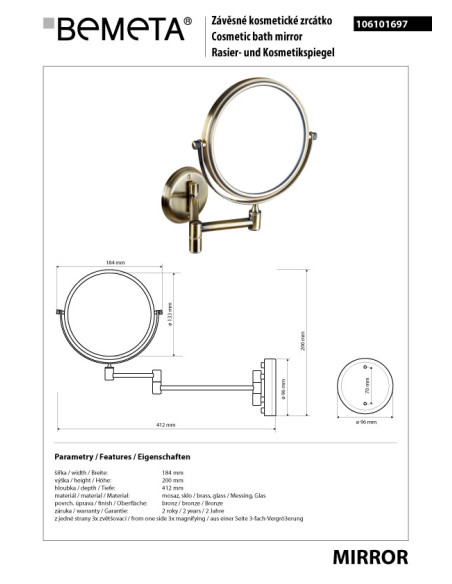 RETRO bronze: Double-sided cosmetic mirror, ø 140 mm