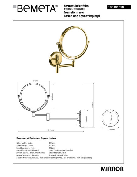 RETRO gold: Double-sided cosmetic mirror, ø 140 mm