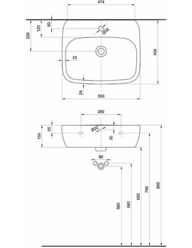 Style izlietne 55x45cm ar atveri maisītājam, ar pārplūdi