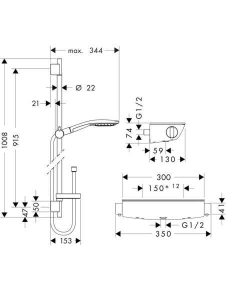 Raindance Ecostat Select+Raindance Select S 150 3jet/Unica'S Puro 0.90m dušas termostata komplekts, balts/hroms