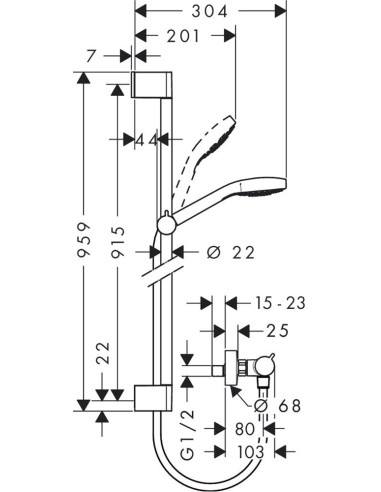 Croma Select E Vario rokas dušas klausule ar dušas stieni 0.90m un termostatu, balts/hroms