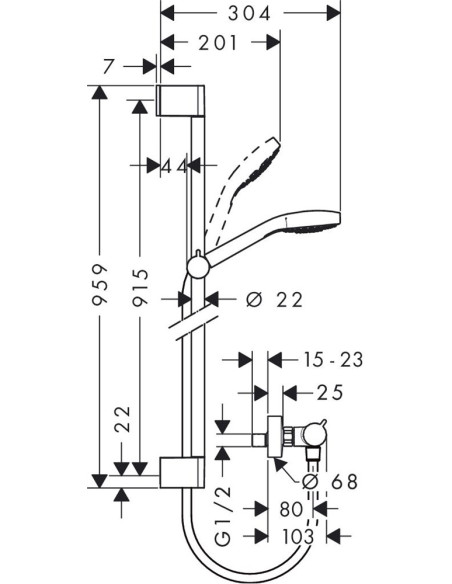 Croma Select E Vario rokas dušas klausule ar dušas stieni 0.90m un termostatu, balts/hroms Croma Select E Vario rokas dušas klausule ar dušas stieni 0.90m un termostatu, balts/hroms