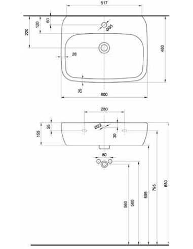 Style izlietne 60x46cm ar atveri maisītājam, ar pārplūdi