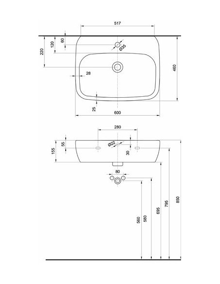 Style izlietne 60x46cm ar atveri maisītājam, ar pārplūdi Style izlietne 60x46cm ar atveri maisītājam, ar pārplūdi