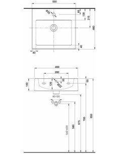 Twins taisnstūrveida izlietne 50x46cm ar atveri maisītājam, ar pārplūdi 2