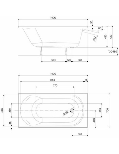 Taisnstūra vanna OPAL PLUS 140x70cm