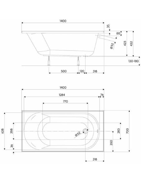 Taisnstūra vanna OPAL PLUS 140x70cm Taisnstūra vanna OPAL PLUS 140x70cm