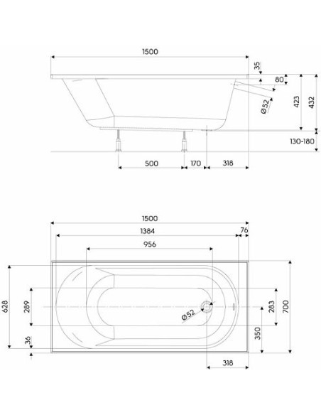 Taisnstūra Opal Plus vanna 150x70cm Taisnstūra Opal Plus vanna 150x70cm