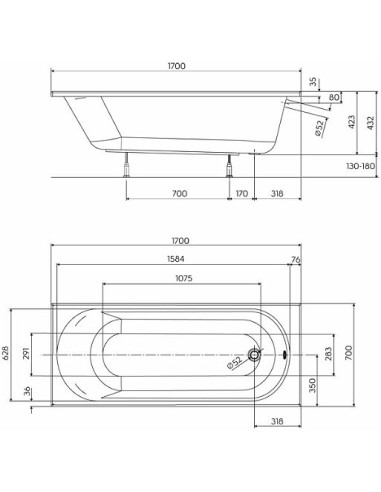 Taisnstūra Opal Plus vanna 170x70cm