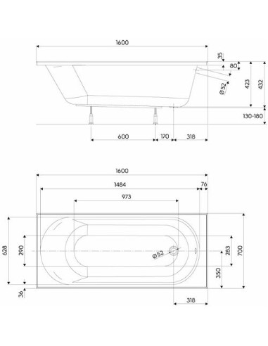 Taisnstūra Opal Plus vanna 160x70cm