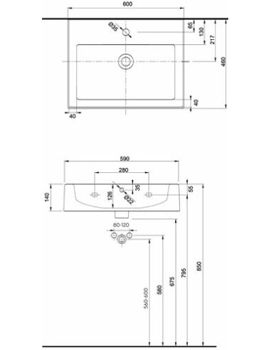 Twins taisnstūrveida izlietne 60x46cm ar atveri maisītājam, ar pārplūdi