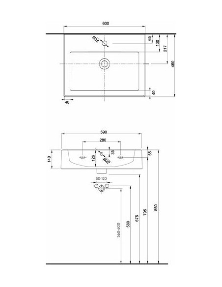 Twins taisnstūrveida izlietne 60x46cm ar atveri maisītājam, ar pārplūdi