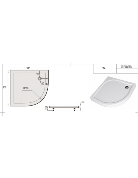 Dušas paliktnis "SPN P 714", balts, R 500, 900 x 900 - 1