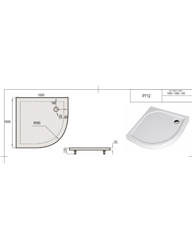 Dušas paliktnis "SPN P 712", balts, R 550, 1000x1000 - 1