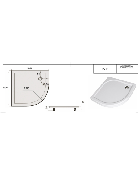 Dušas paliktnis "SPN P 712", balts, R 550, 1000x1000 - 1