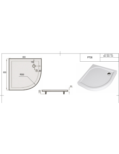Shower tray "SPN P 708", white, R 550,800 x 800 - 1