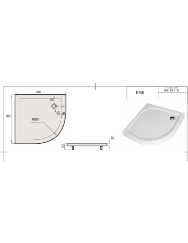 Dušas paliktnis "SPN P 706", balts, R 550, 900 x 900 - 1