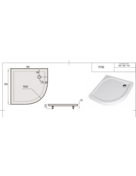 Dušas paliktnis "SPN P 706", balts, R 550, 900 x 900 - 1 Dušas paliktnis "SPN P 706", balts, R 550, 900 x 900 - 1