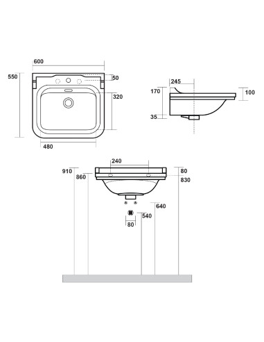Izlietne Waldorf 80x55 cm, komplektā hromēts pārplūdes gredzens (414101+811390) - 2