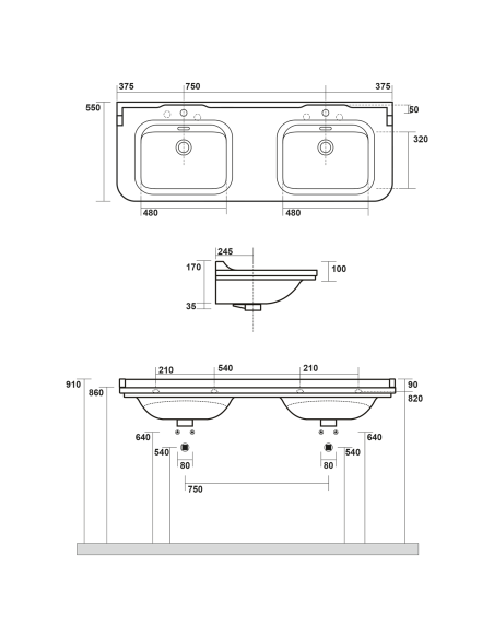 WALDORF dubultā keramikas izlietne 150x55cm, 6 atveres, balta - 4