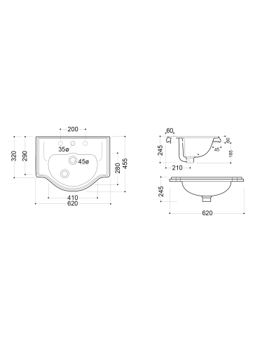 RETRO keramikas izlietne 62x45,5cm, iebūvēta, 3 atveres mikserim, balta - 2