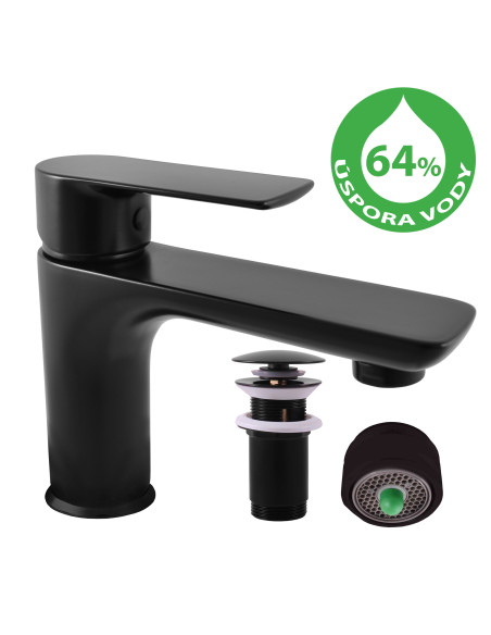 Water-saving basin lever mixer with pop-up waste  VLTAVA ECO BLACK MATT - Barva černá matná,Rozměr 1/2'',Povrchová úprava Černá