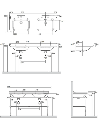 Kerasan Waldorf console with glass shelf, for sink 150cm, 9195K - 6