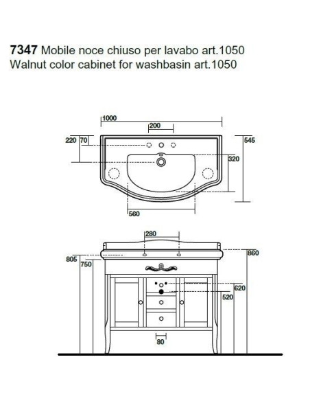 Bathroom furniture set Kerasan RETRO 7347+7345+1050 (walnut color). - 5