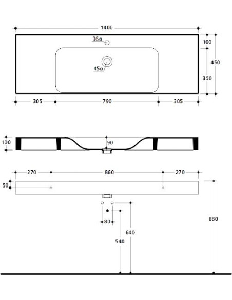 Керамическая мойка Kerasan настольная/настенная Cento 140x45см - 2 Керамическая мойка Kerasan настольная/настенная Cento 140x45см - 2