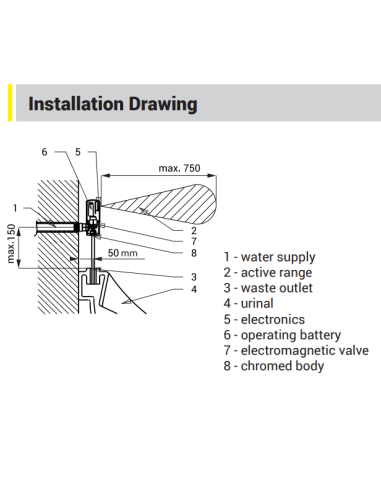 Wall-mounted battery-operated urinal infrared flush unit, chrome, 9 V - 2