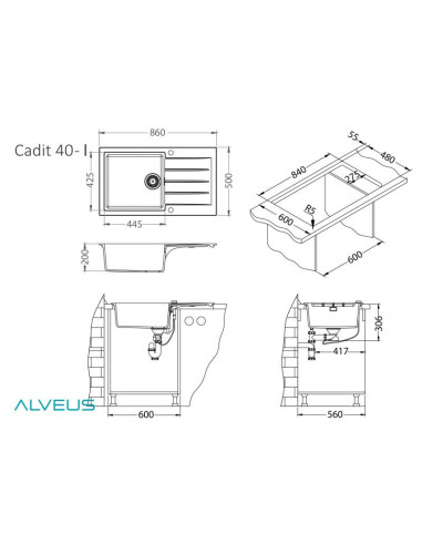 CADIT 40 col. 11 WHITE (860x500) Granitāla izlietne 1 bļoda ar POP-UP sifonu 3 1/2"