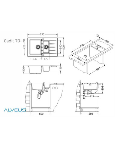 CADIT 70 col. 81 BETONS (790x500) Granitāla izlietne 1,5 bļoda ar POP-UP sifonu 3 1/2"