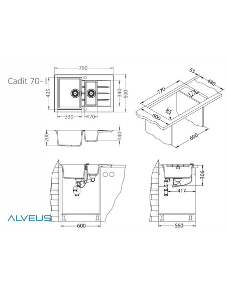 CADIT 70 col. 81 BETONS (790x500) Granitāla izlietne 1,5 bļoda ar POP-UP sifonu 3 1/2"