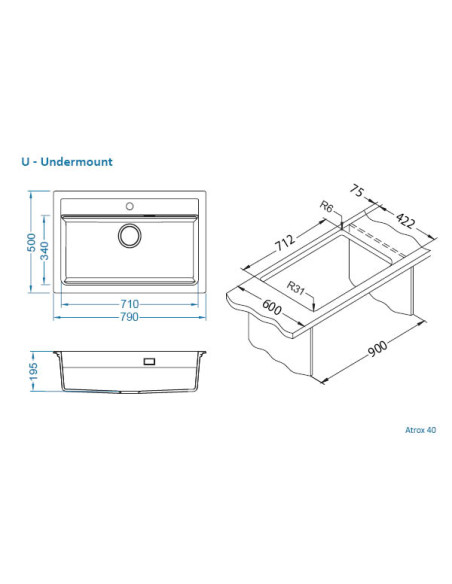 ATROX 40 col. 11 WHITE Granitāla izlietne (790 x 500) 1 bļoda ar POP-UP sifonu 3 1/2"