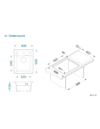 ATROX 10 col. 22 SAND Granitāla izlietne (400 x 500) 1 bļoda ar POP-UP sifonu 3 1/2"