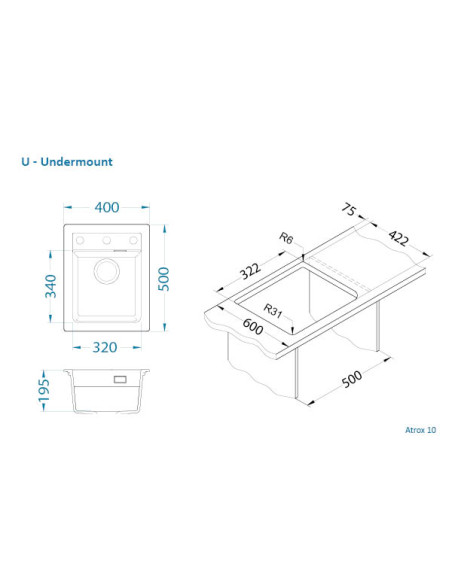 ATROX 10 col. 55 BEIGE Granitāla izlietne (400 x 500) 1 bļoda ar POP-UP sifonu 3 1/2"