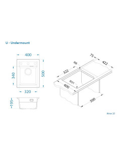 ATROX 10 col. 81 BETONS Granitāla izlietne (400 x 500) 1 bļoda ar POP-UP sifonu 3 1/2" 2