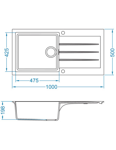 CADIT 50 col. 11 WHITE (1000x500) Granitāla izlietne 1 bļoda ar POP-UP sifonu 3 1/2"