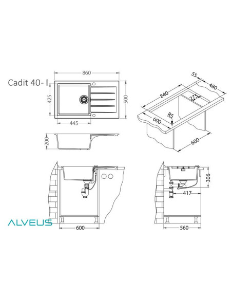 CADIT 40 col. 22 SAND (860x500) Granitāla izlietne 1 bļoda ar POP-UP sifonu 3 1/2"