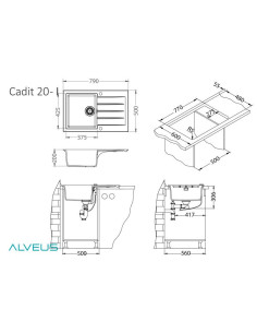 CADIT 20 col. 81 BETONS (790x500) Granitāla izlietne 1 bļoda ar POP-UP sifonu 3 1/2" 2