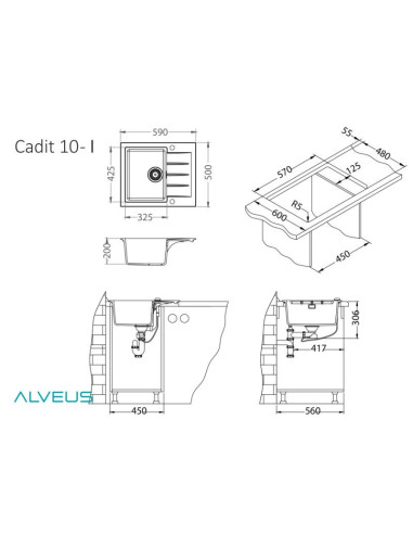 CADIT 10 col. 81 BETONS (590x500) Granitāla izlietne 1 bļoda ar POP-UP sifonu 3 1/2"